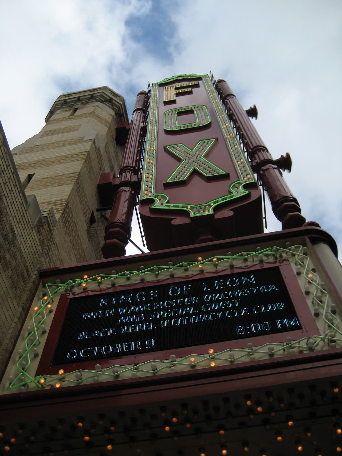 The ornate façade and marquee of the historic Fox Theatre in Atlanta.