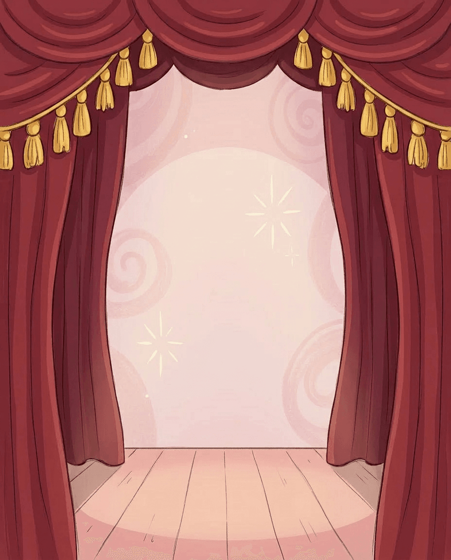 A theater stage with draped curtains and a spotlight